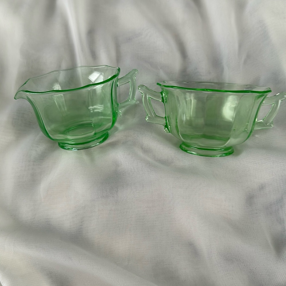 Cambridge glass creamer and sugar.
